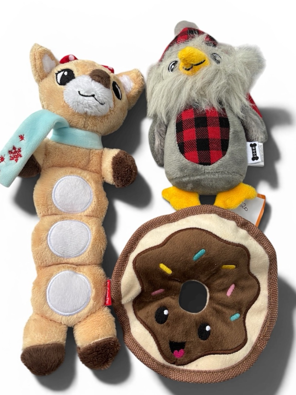 PET Toys All Squeak Owl Doughnut and Caterpillar New